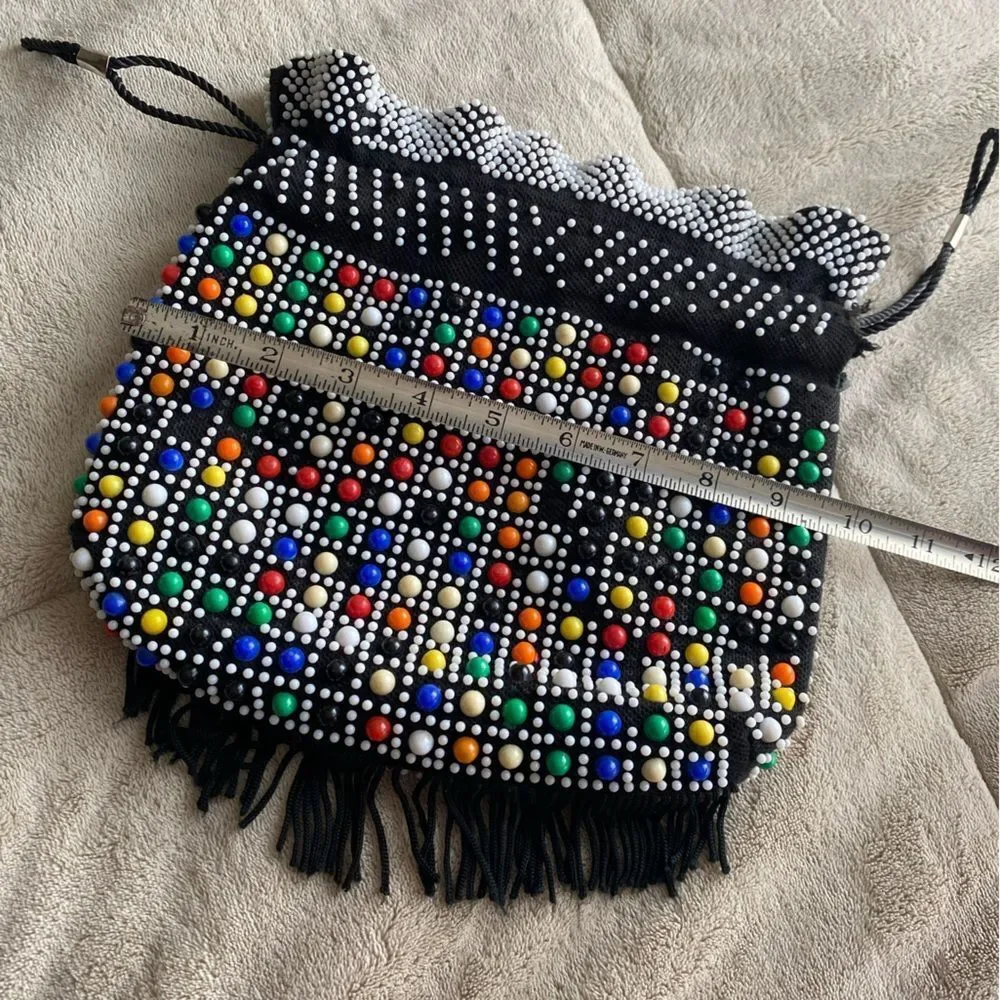 Vintage Colorful Beaded Black Drawstring Bag - 1970s Bingo Bag